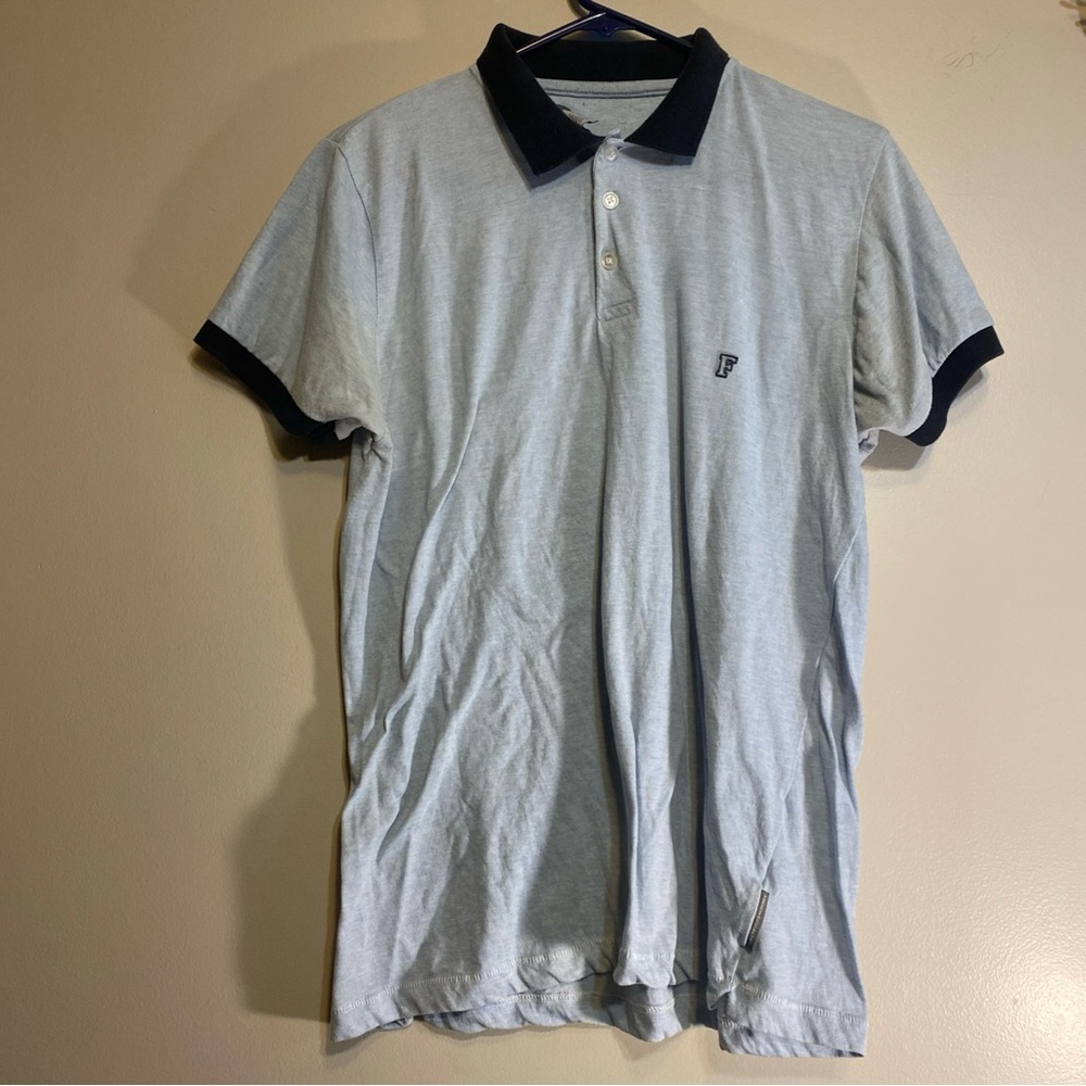 French Connection Collared Polo Shirt Mens Size L Blue Black Fcuk Light Weight